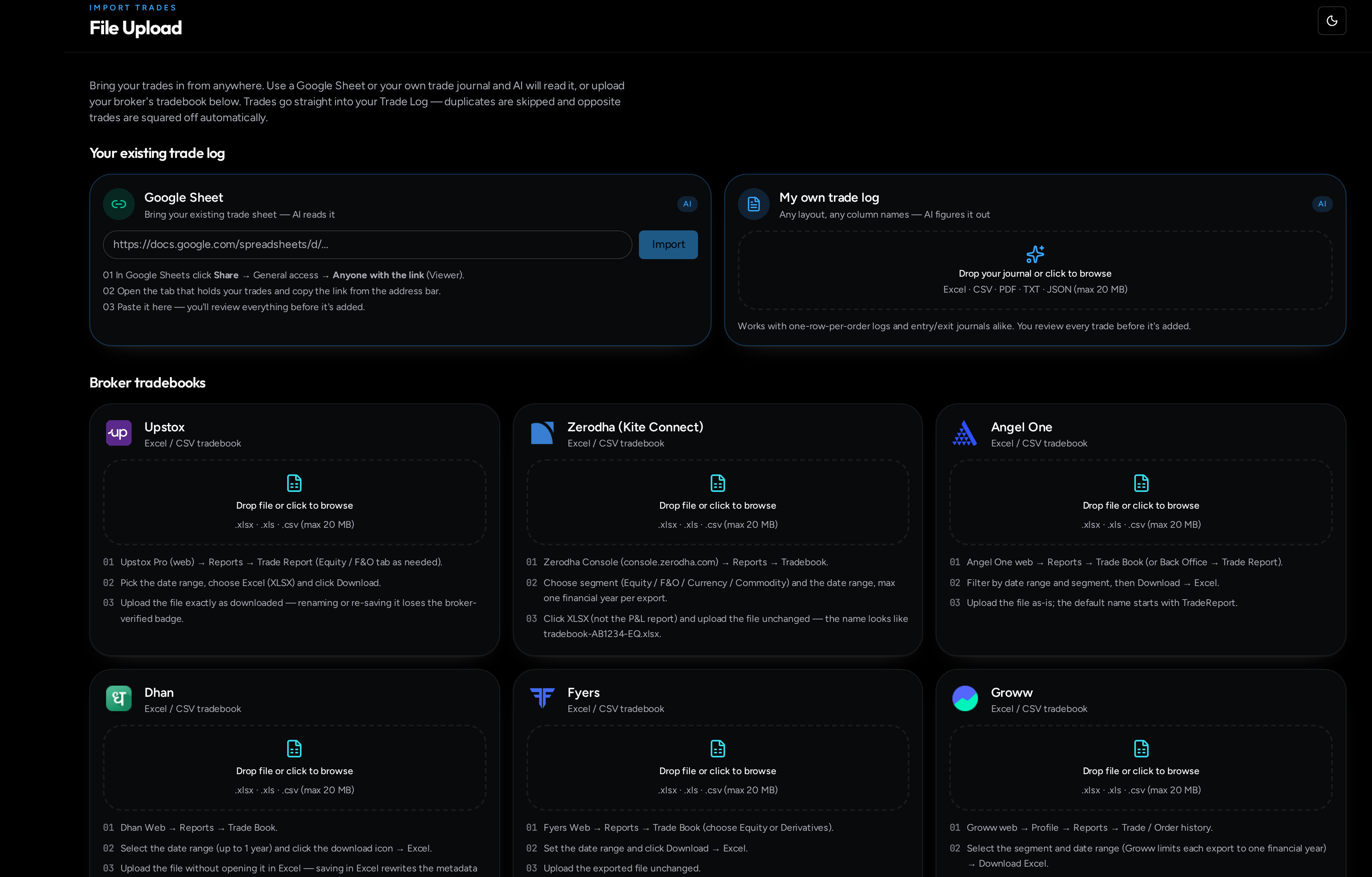 Import trades page with Google Sheet, own journal and broker tradebook upload cards